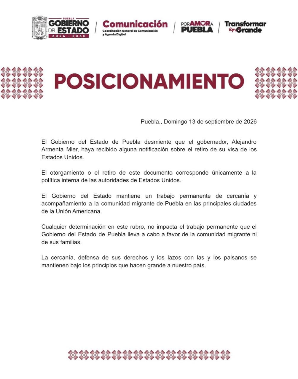 Puebla aclara: Alejandro Armenta no ha recibido aviso sobre retiro de visa de EU